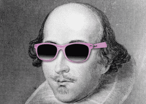 Photo-montage de William Shakespeare avec des lunettes rose