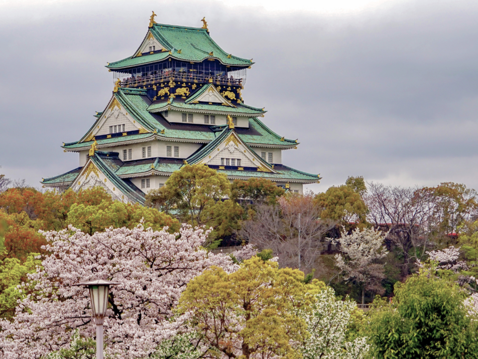 Paysage japonais fleurit et château d'Osaka.